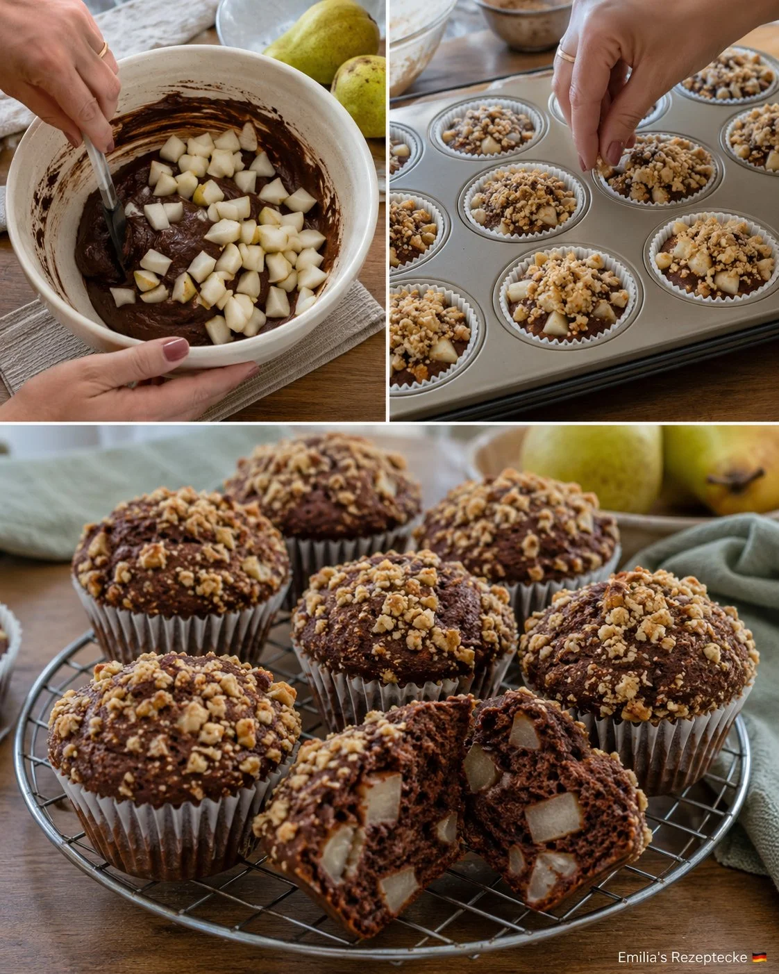 Leckere Birnen-Schoko-Muffins mit Nussstreuseln auf einem Teller