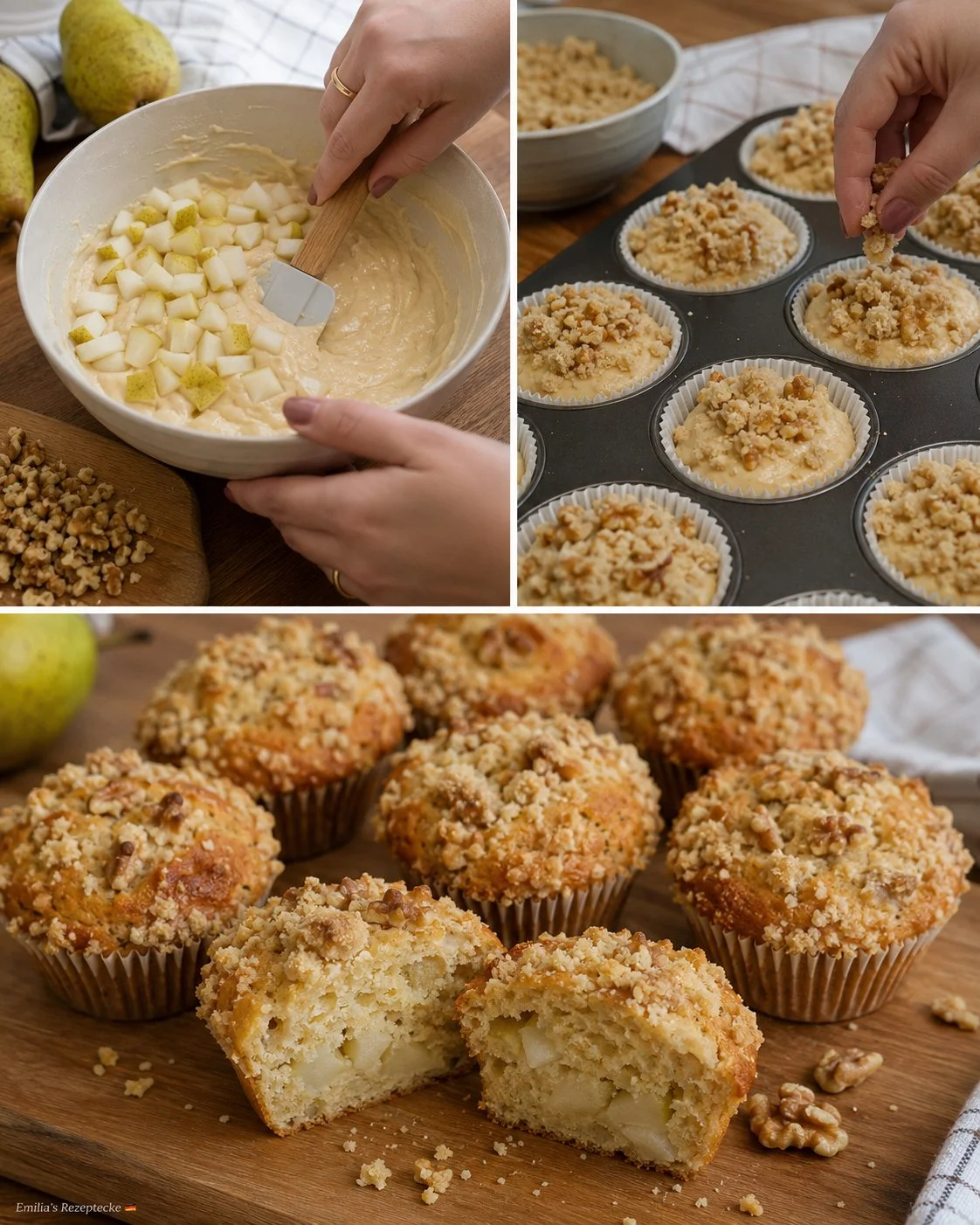 Birnen-Streusel-Muffins mit Walnüssen frisch gebacken auf einem Kuchenteller