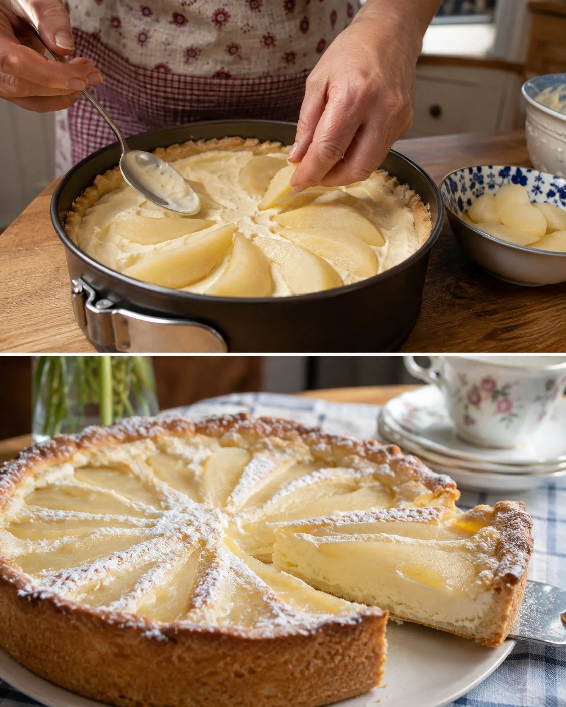 Birnen-Topfen-Kuchen auf einem Teller, garniert mit Puderzucker