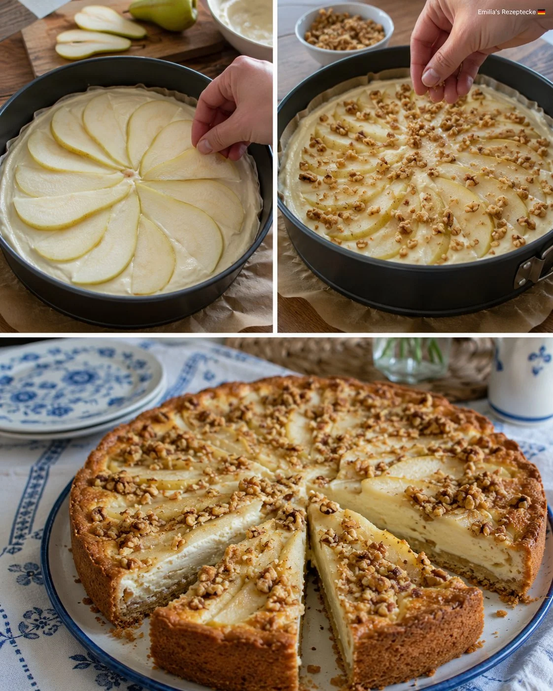 Birnen-Walnuss-Schmandkuchen auf einem Teller, dekoriert mit Walnüssen.