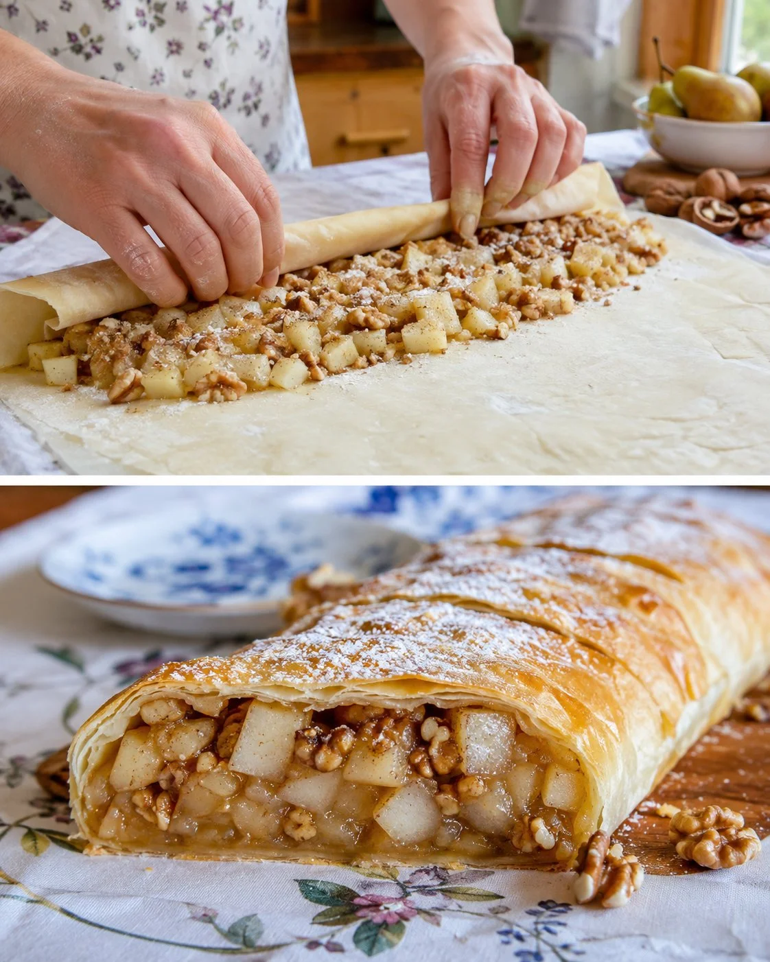 Birnenstrudel mit Walnüssen frisch aus dem Ofen, serviert auf einem Teller.