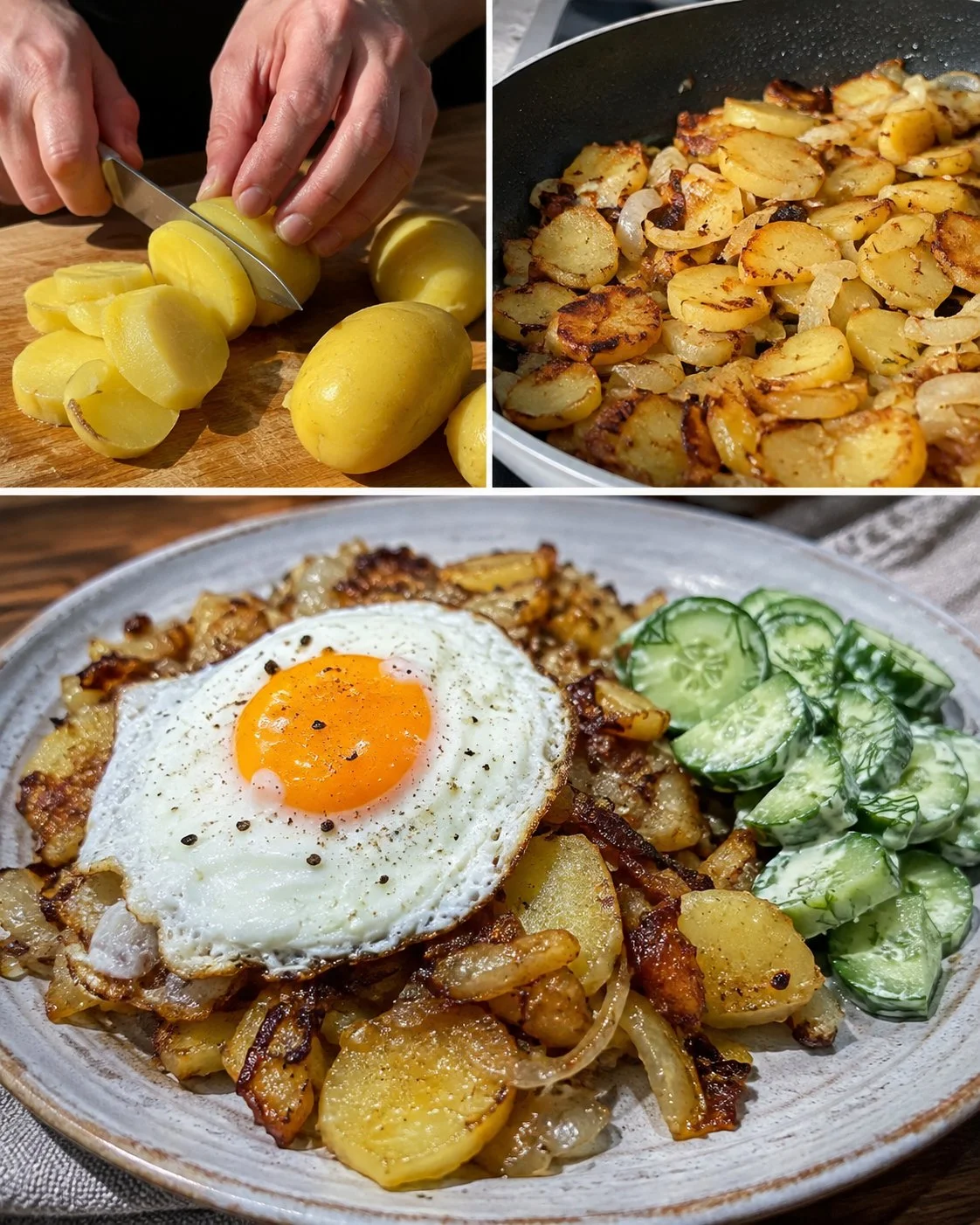 Bratkartoffel-Pfanne mit Spiegelei und Gurkensalat auf einem Teller
