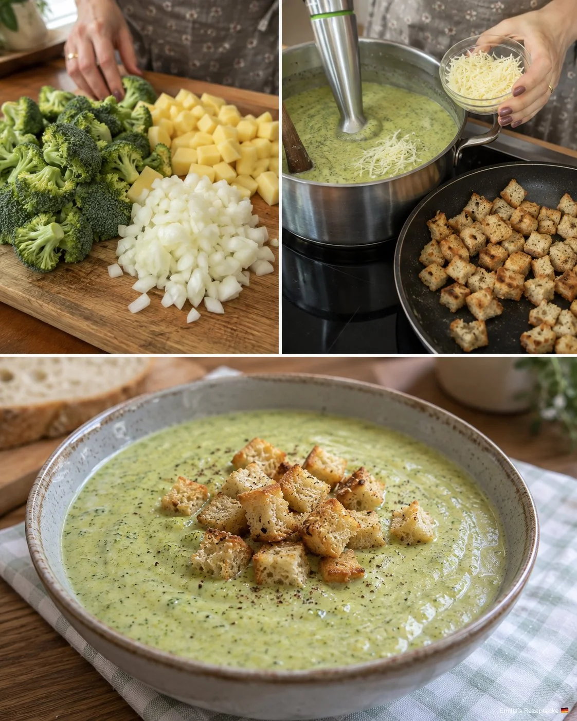 Schüssel mit Brokkoli-Käse-Suppe garniert mit Croutons