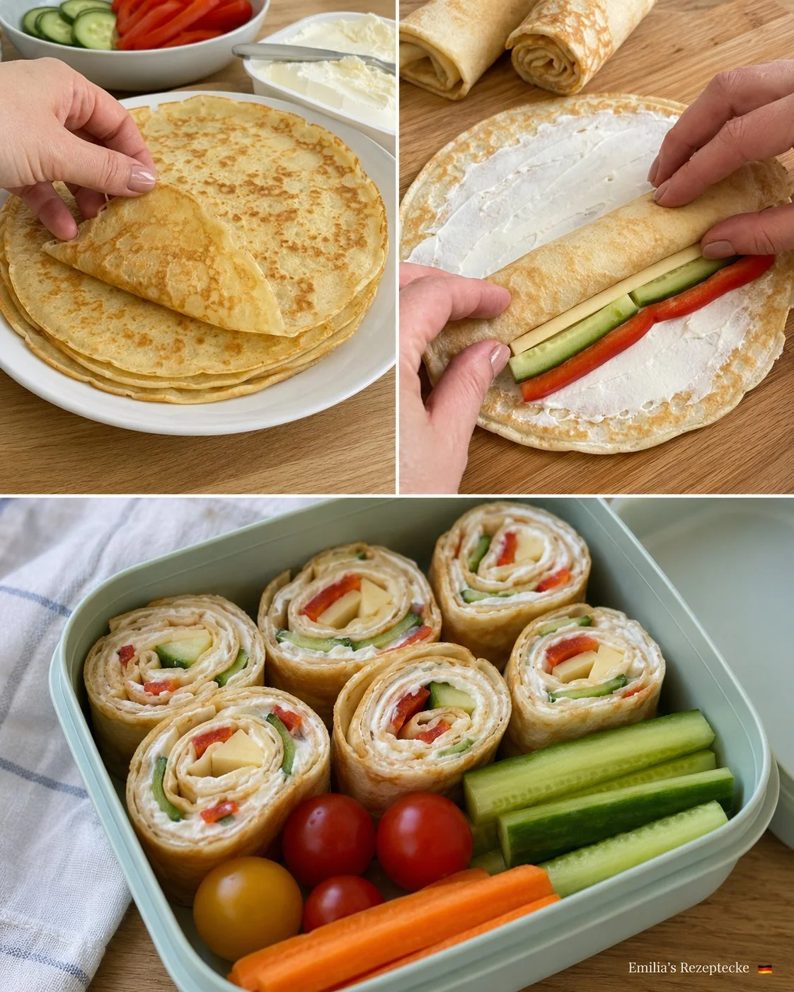 Brotdosen-Pfannkuchen-Röllchen mit Frischkäse zubereitet und serviert