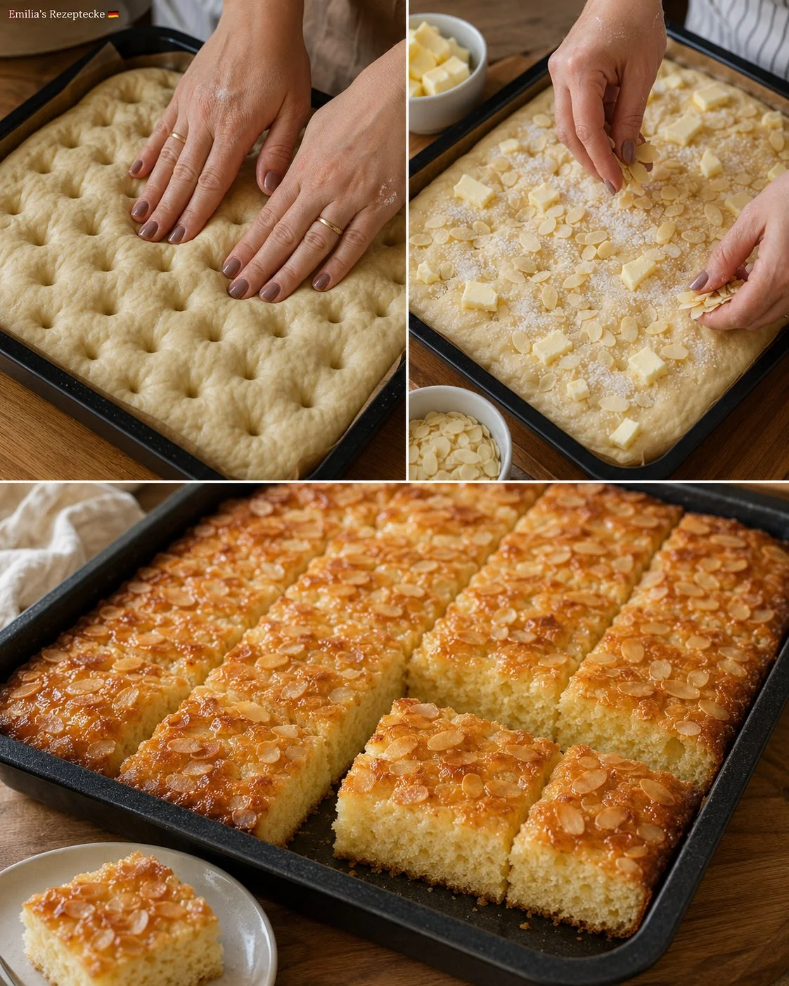 Butterkuchen mit Sahne-Mandel-Belag auf einem Tisch serviert.