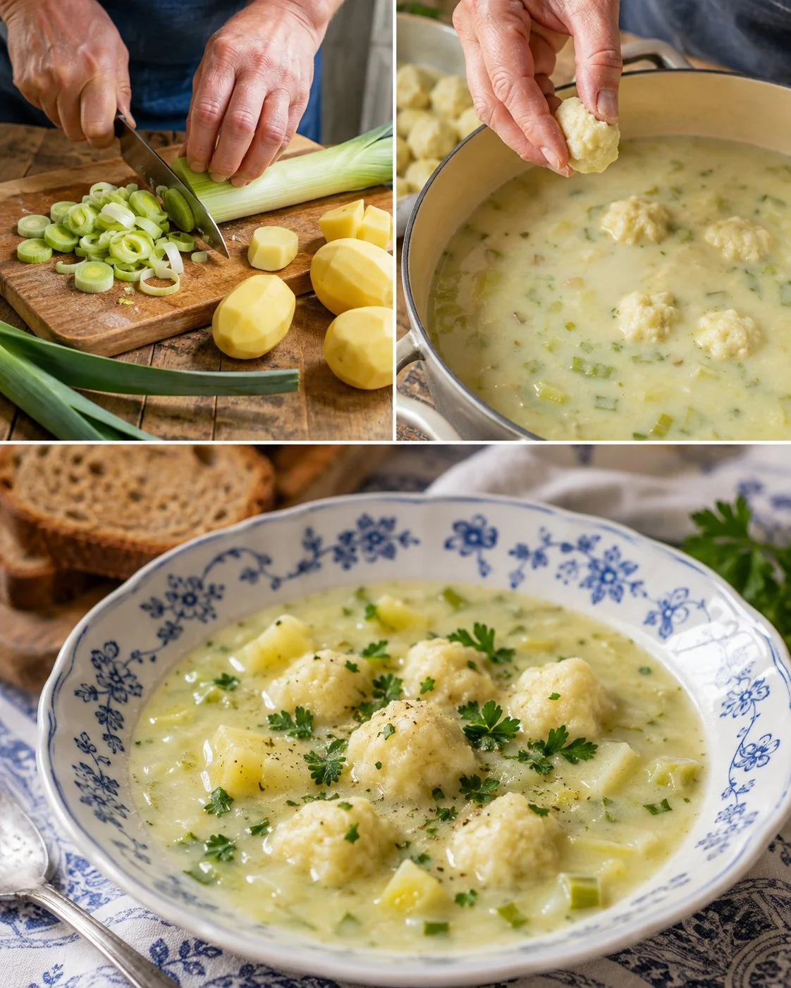 Cremige Kartoffel-Lauch-Suppe mit Käseklößchen in einer Schüssel