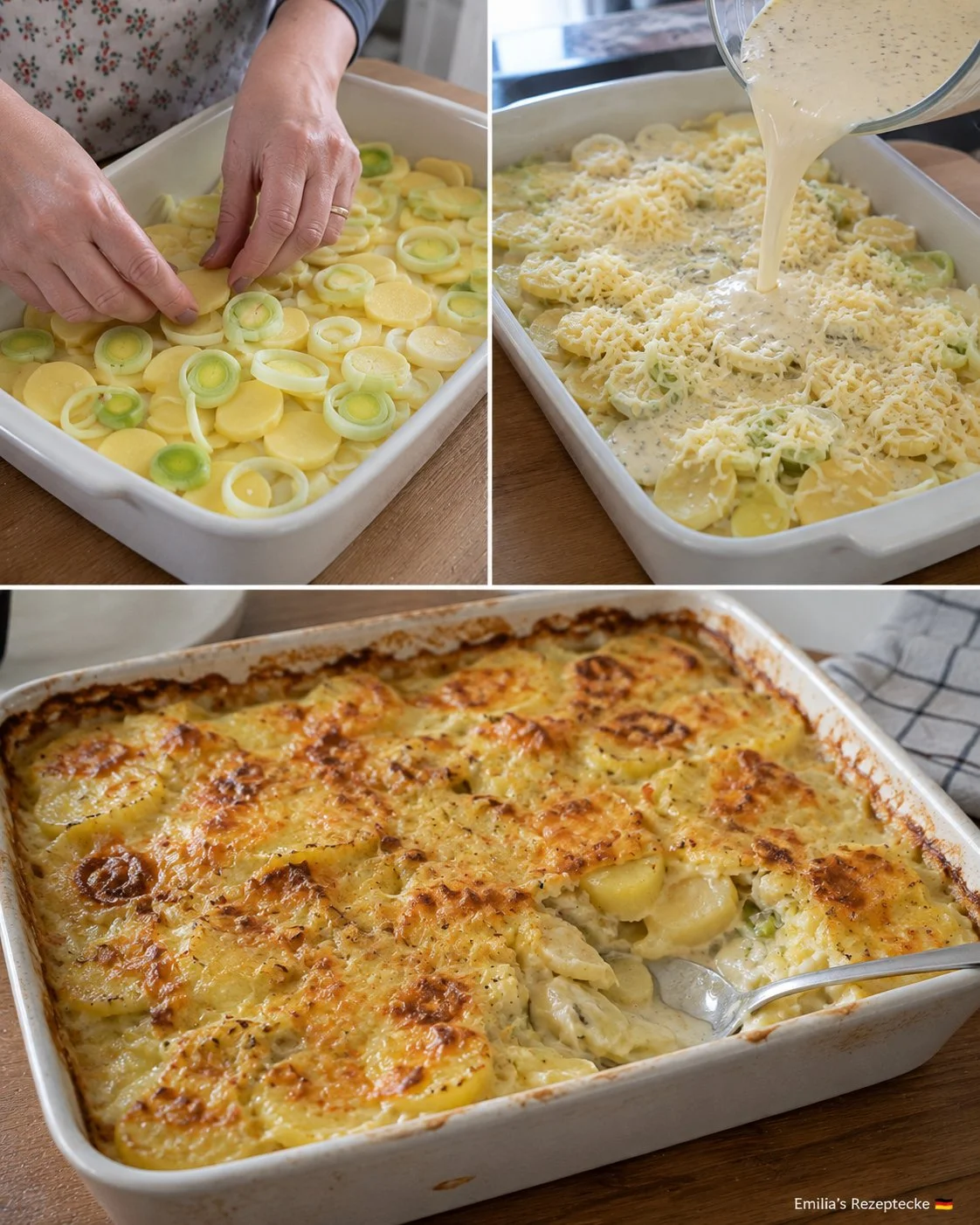 Cremiger Kartoffel-Lauch-Auflauf mit goldener Käsekruste aus dem Ofen