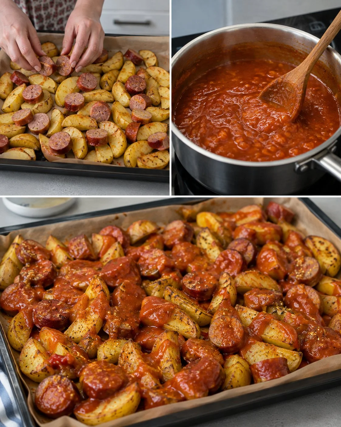 Currywurst-Kartoffel-Blech mit Paprikasoße auf einem Teller serviert