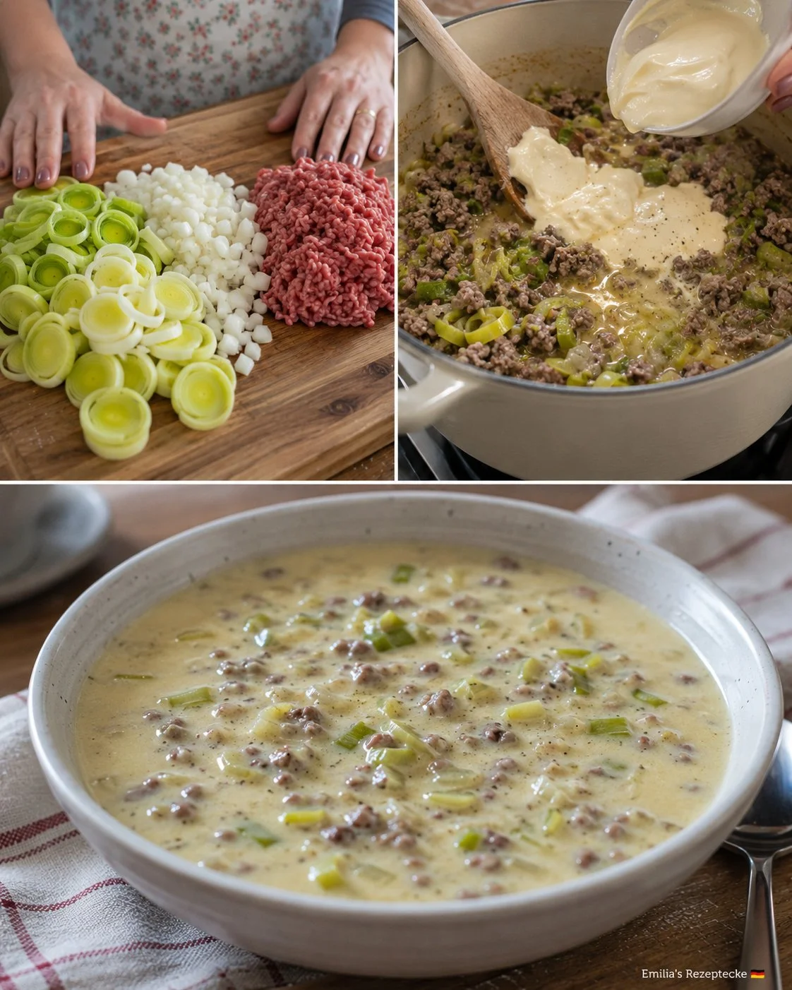 Deftige Lauch-Hack-Suppe mit Schmelzkäse in einer Schale serviert.