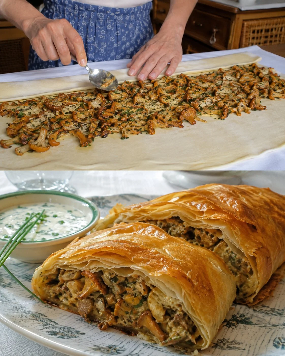 Eierschwammerlstrudel mit Schnittlauchsauce auf einem Teller