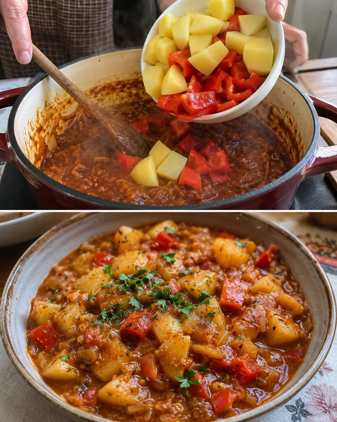 Erdäpfelgulasch mit Paprika und Majoran auf einem Teller serviert.