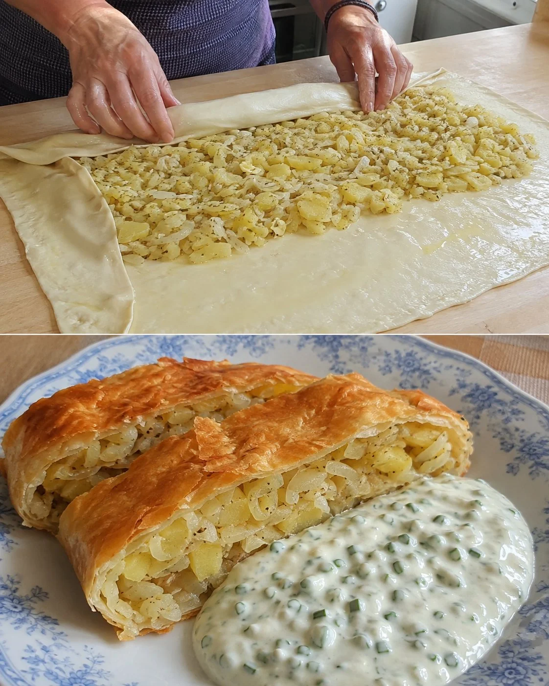 Leckerer Erdäpfelstrudel serviert mit frischer Schnittlauchsauce