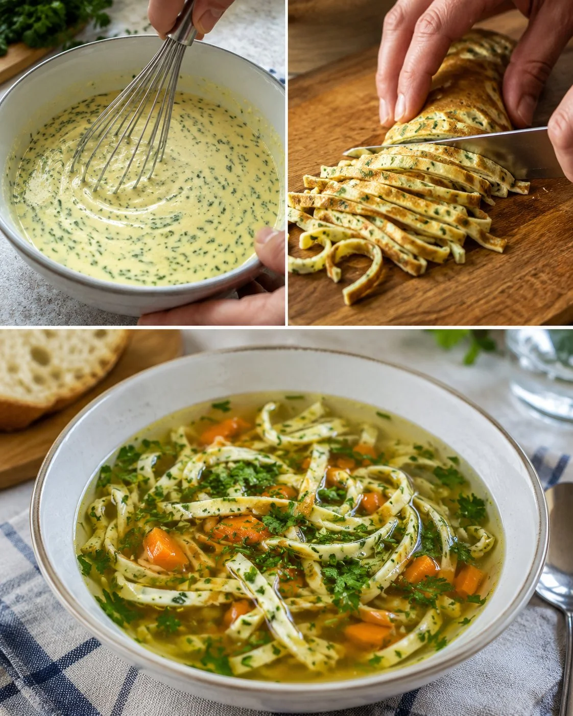 Schüssel mit Flädlesuppe und Kräuterpfannkuchen, ein traditionelles deutsches Rezept