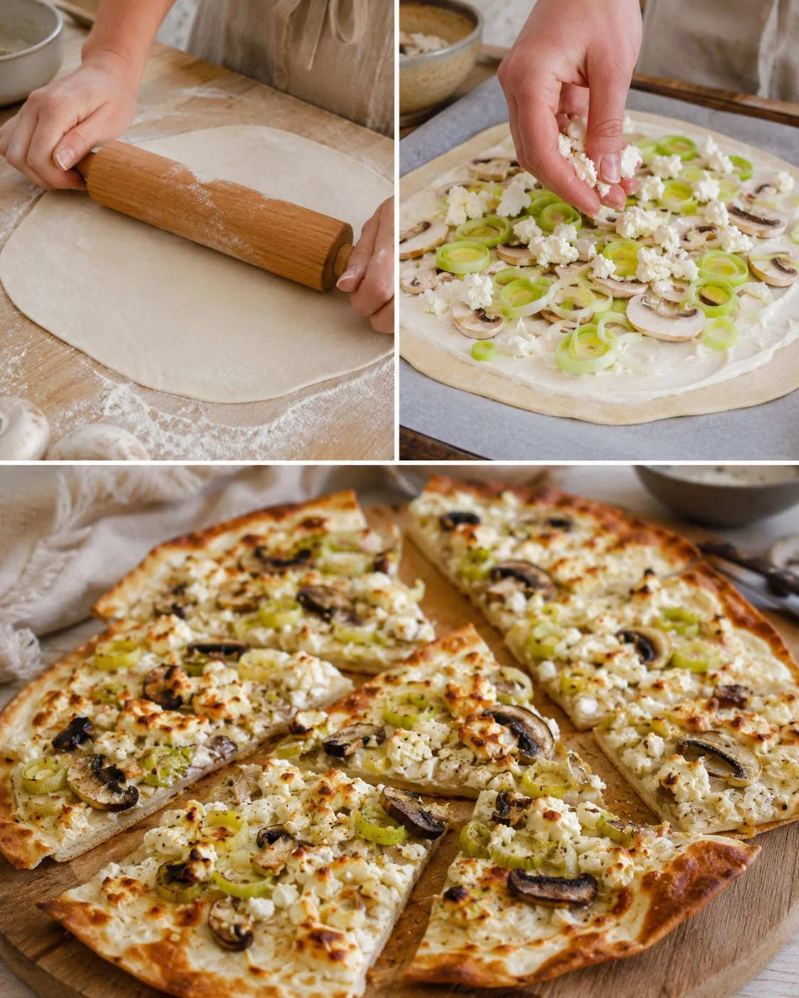 Flammkuchen mit Lauch, Pilzen und Hirtenkäse, serviert auf einem Holzbrett