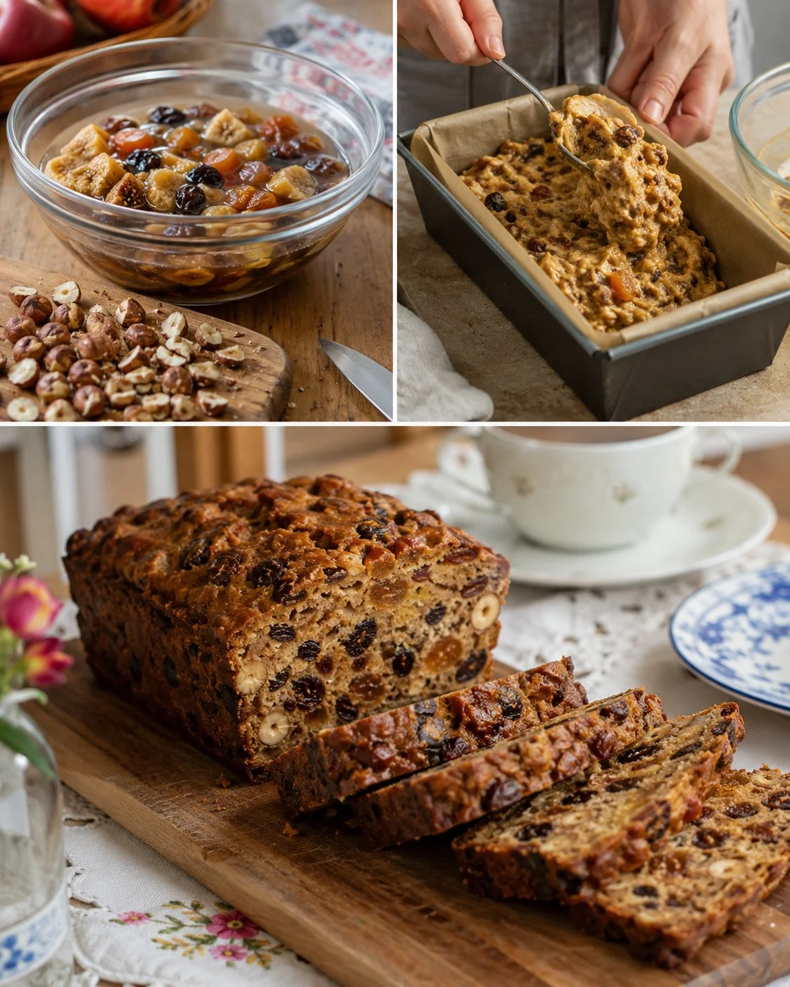 Früchtebrot-Schnitten mit Haselnüssen und Honig auf einem Tisch serviert