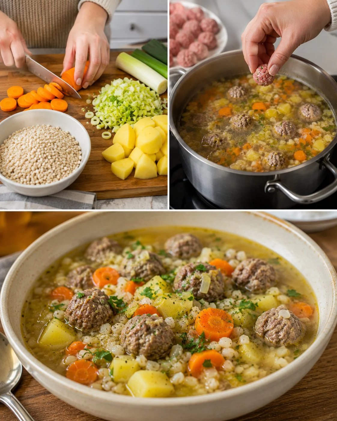 Schüssel Graupensuppe mit Gemüse und Rindfleischbällchen auf einem Tisch