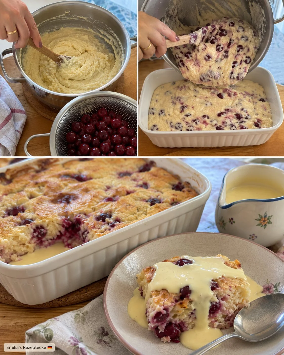 Grießauflauf mit Kirschen und Vanillesoße in einer schönen Servierform