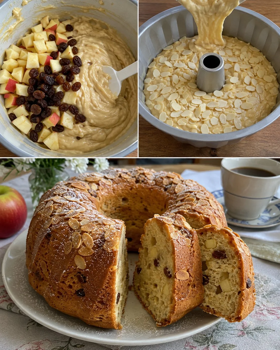 Gugelhupf mit Apfel, Rosinen und Mandelkruste auf einem Teller