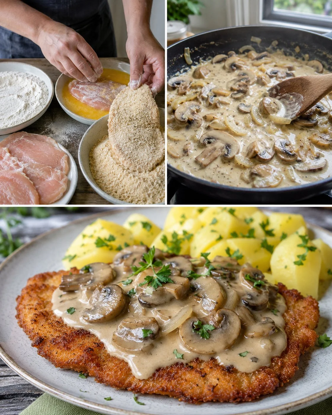 Hähnchen-Jägerschnitzel mit Rahmchampignons auf einem Teller serviert