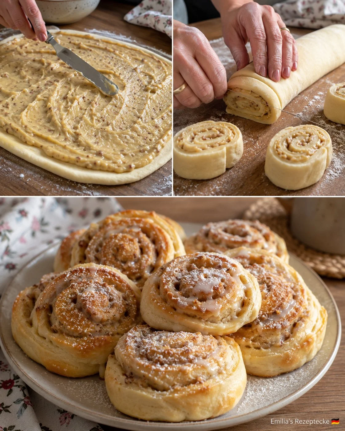 Haselnuss-Pudding-Schnecken frisch aus dem Ofen auf einem dekorativen Teller