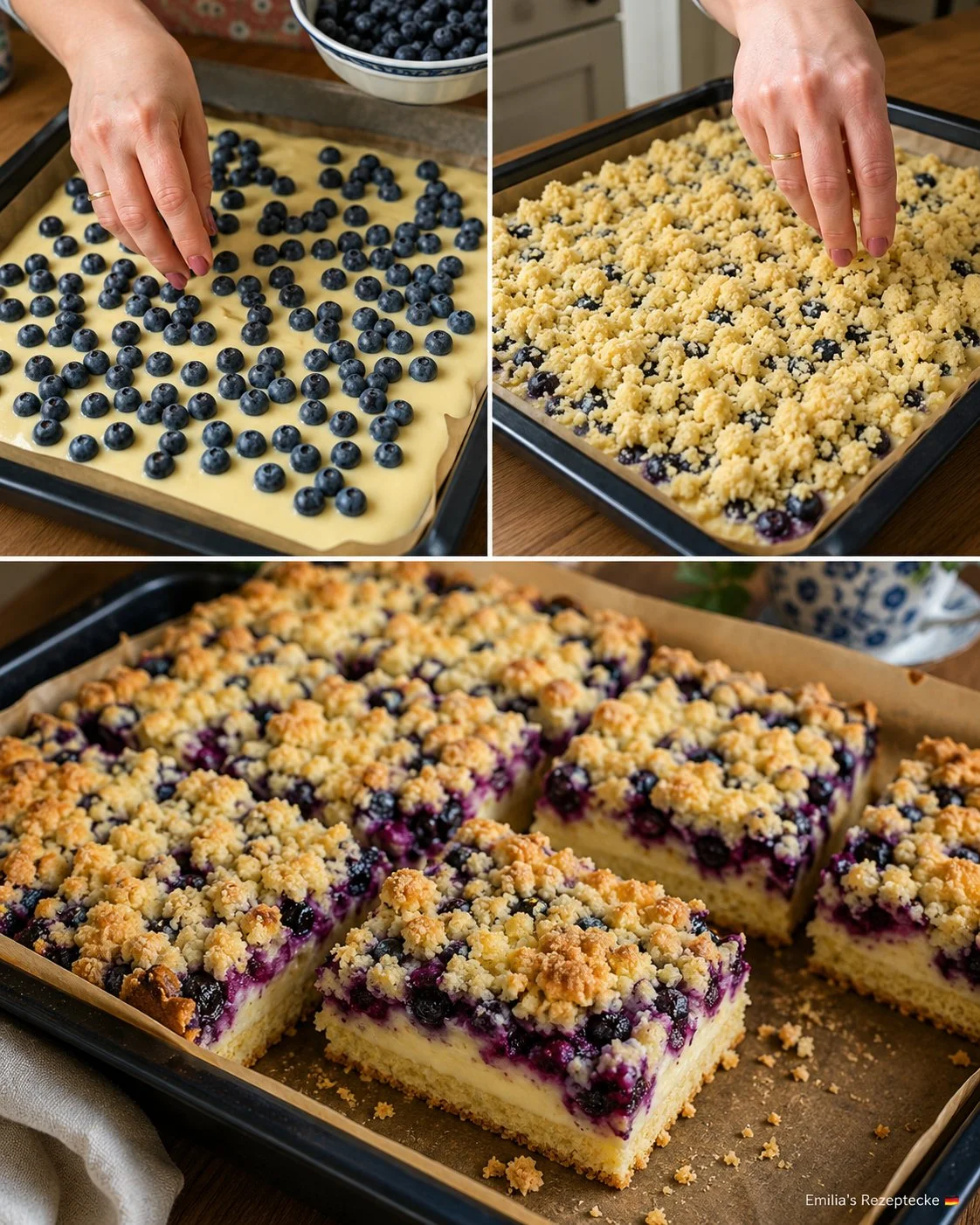 Heidelbeer-Streuselkuchen mit Pudding auf einem Teller