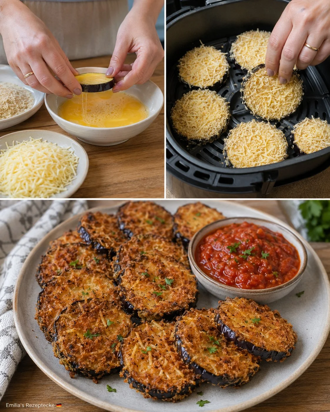 Heißluftfritteuse-Auberginen-Taler mit Tomatendip auf einem Teller