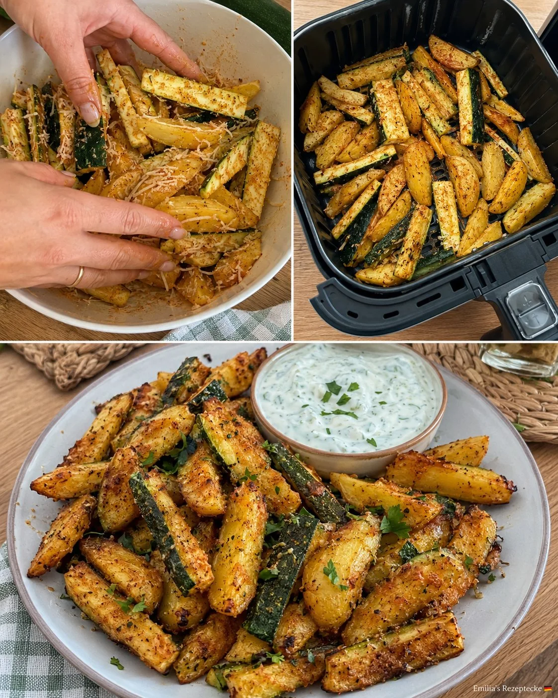 Zucchini-Kartoffel-Ecken aus der Heißluftfritteuse auf einem Teller