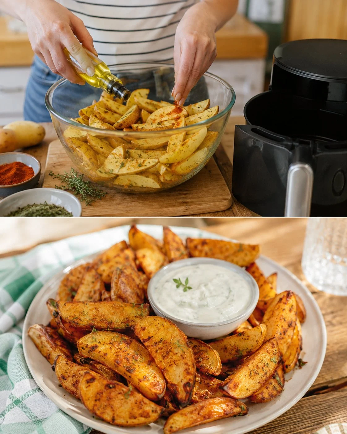Heißluftfritteusen-Erdäpfelspalten mit Knoblauchdip auf einem Teller