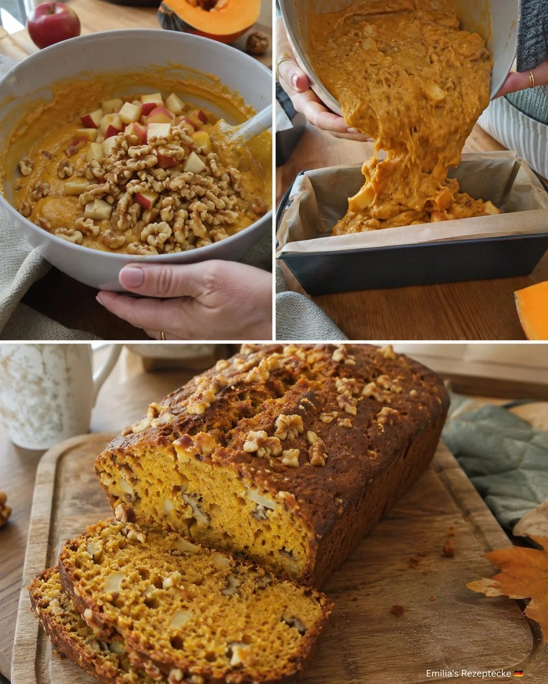 Herbstliches Kürbis-Apfel-Brot mit Walnüssen auf einem rustikalen Holzbrett