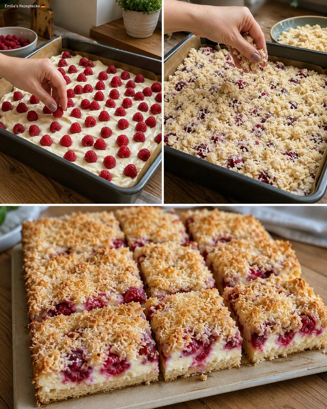 Himbeer-Schmand-Kuchen mit Kokosstreuseln auf einem Teller serviert