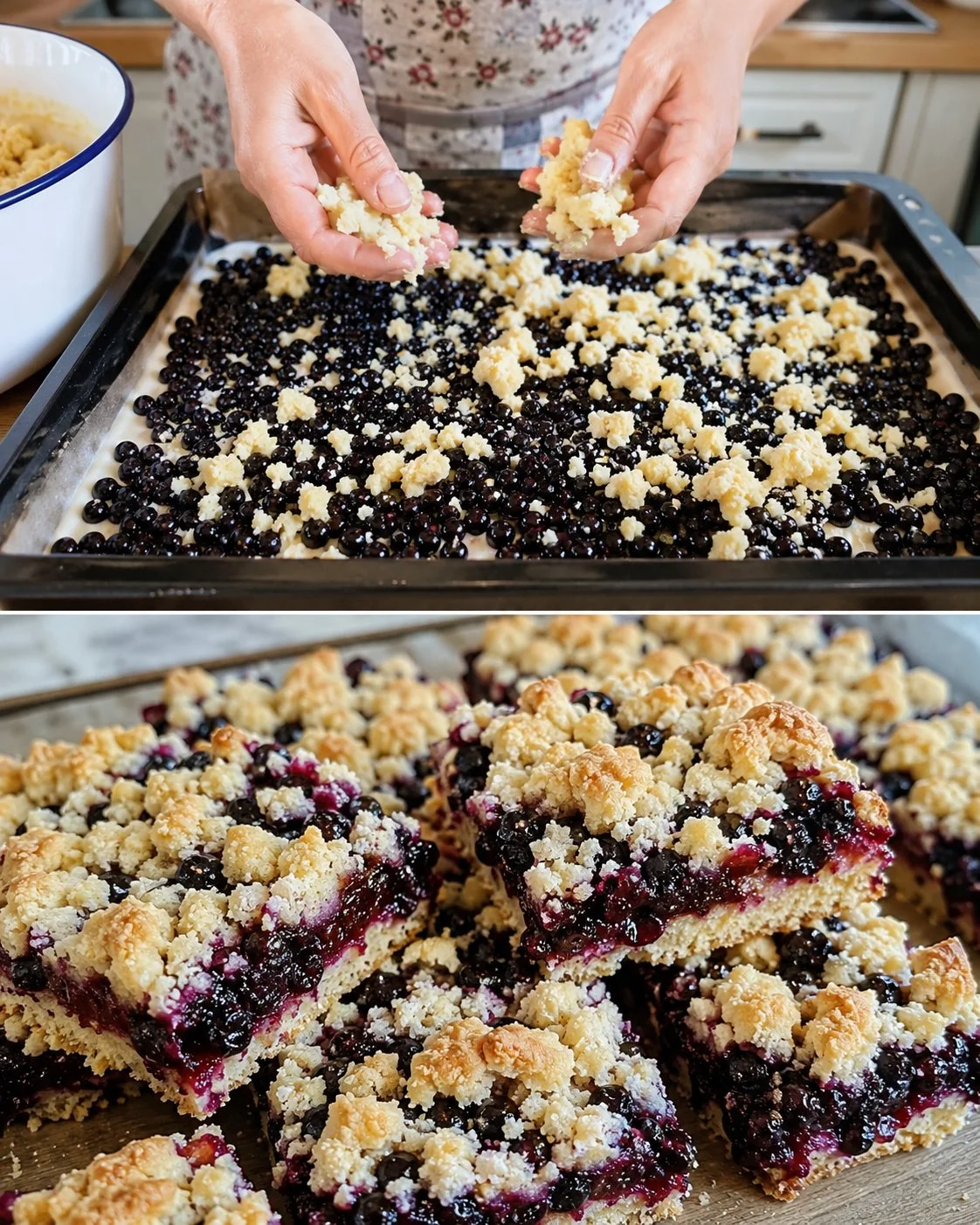 Hollerbeeren-Streuselkuchen vom Blech mit Streuseln und frischen Holunderbeeren