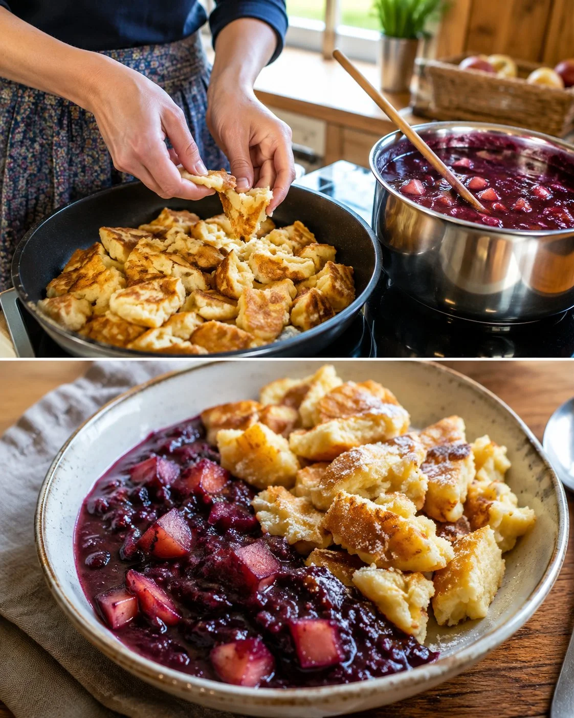 Cremiger Grießschmarrn serviert vom Hollerkoch mit Beeren und Puderzucker.