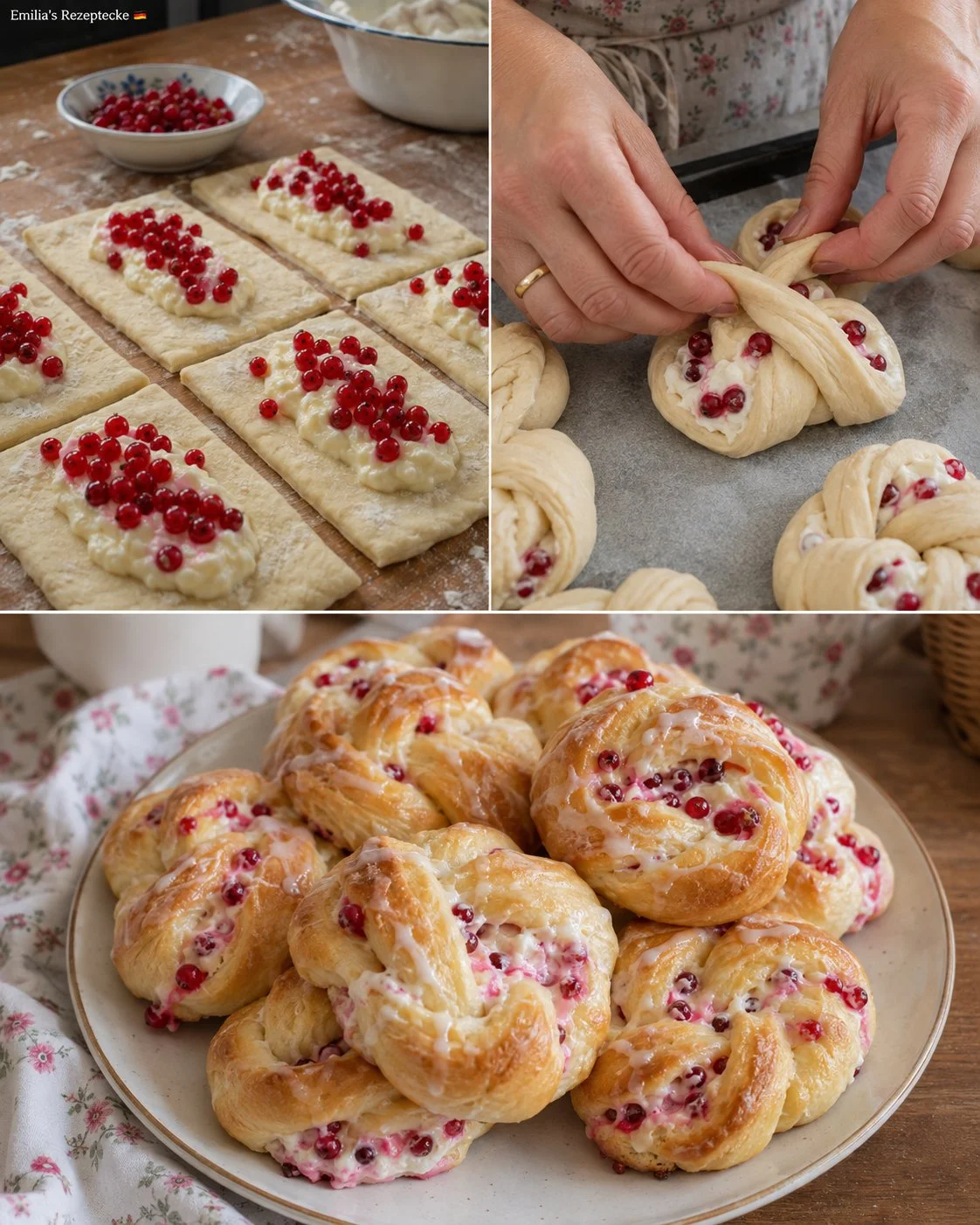 Leckere Johannisbeer-Quark-Knoten mit frischen Johannisbeeren und Quark.