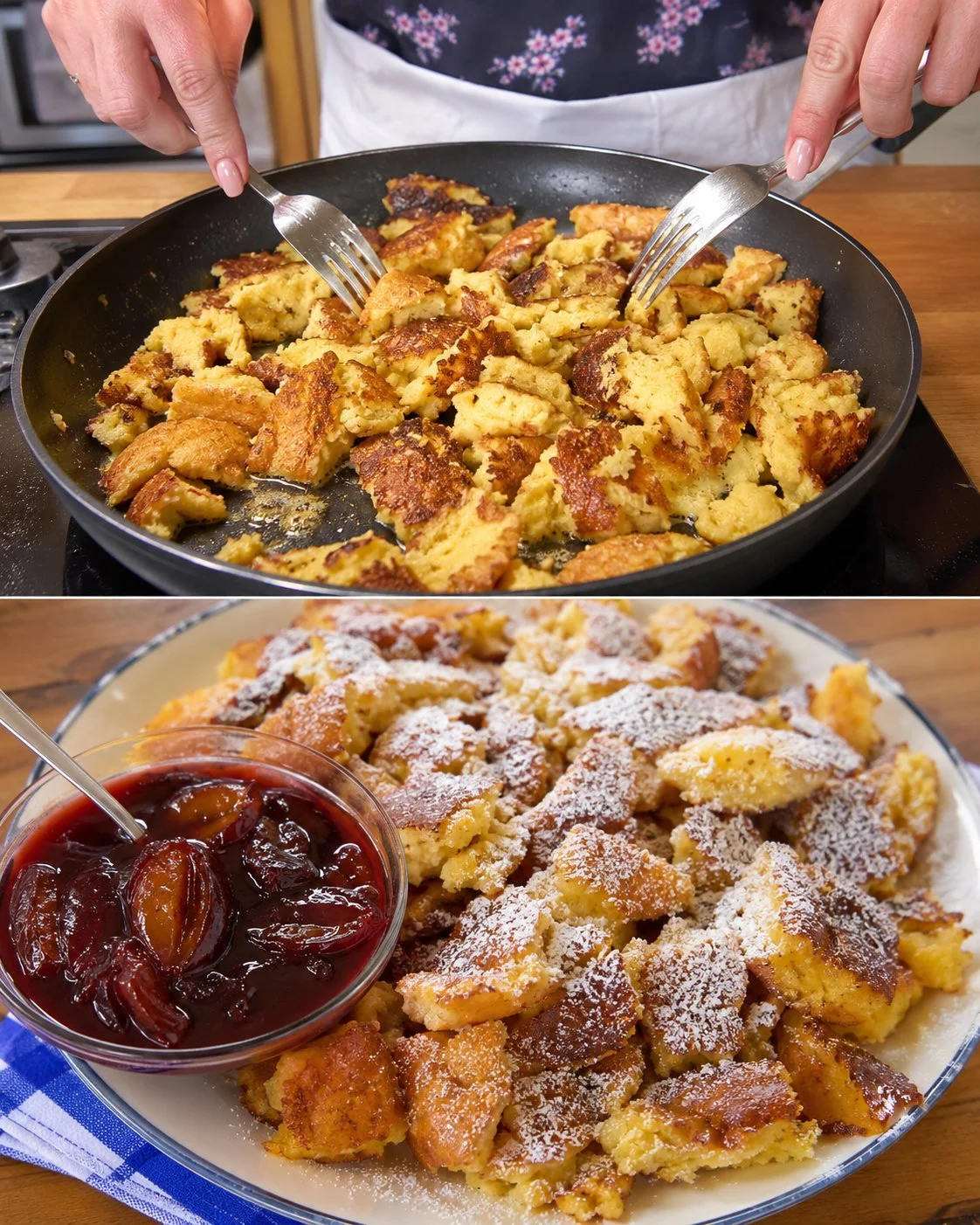 Kaiserschmarrn mit Zwetschkenröster auf einem Teller, serviert mit Puderzucker