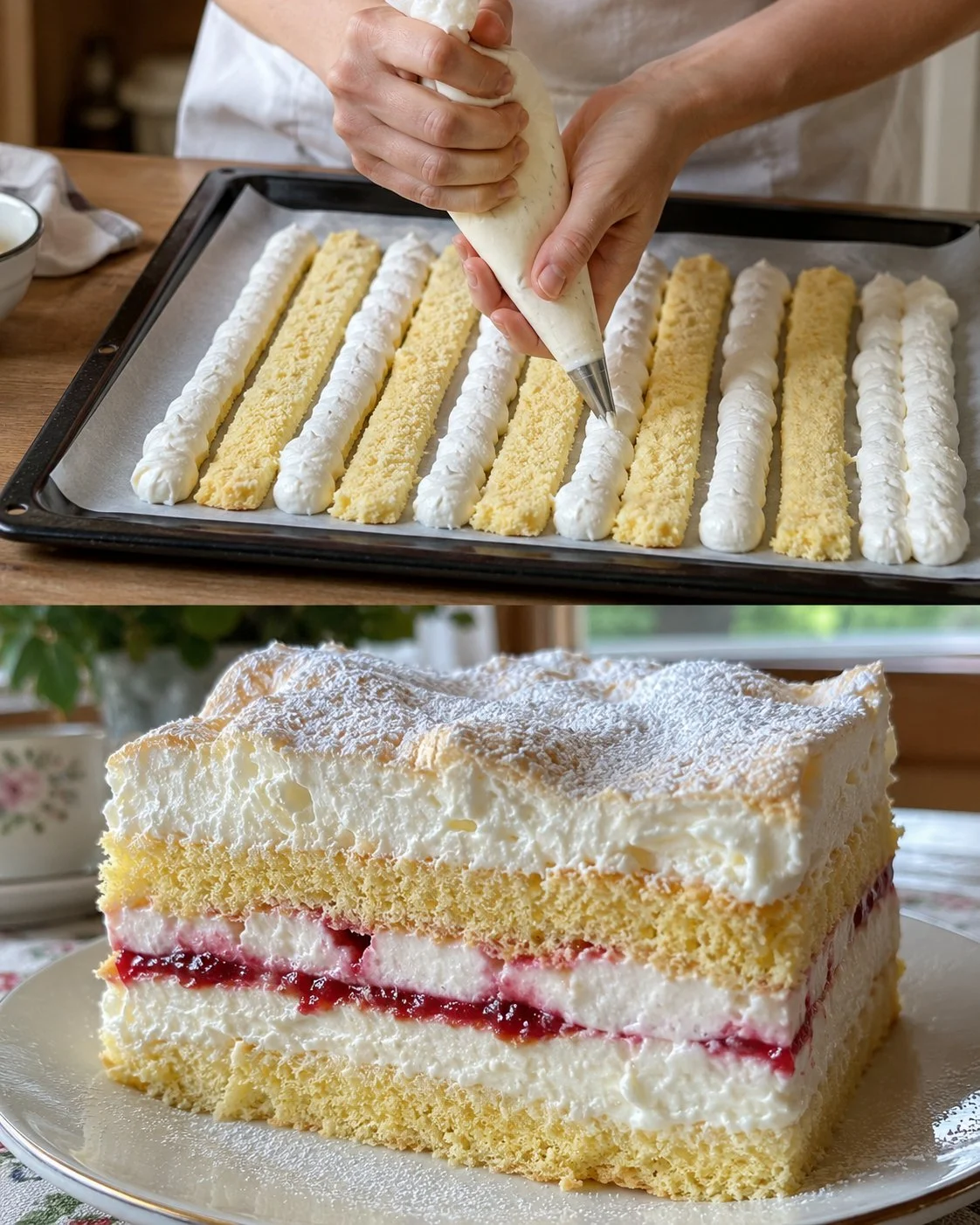 Kardinalschnitte mit Ribiselmarmelade auf einem Teller serviert.