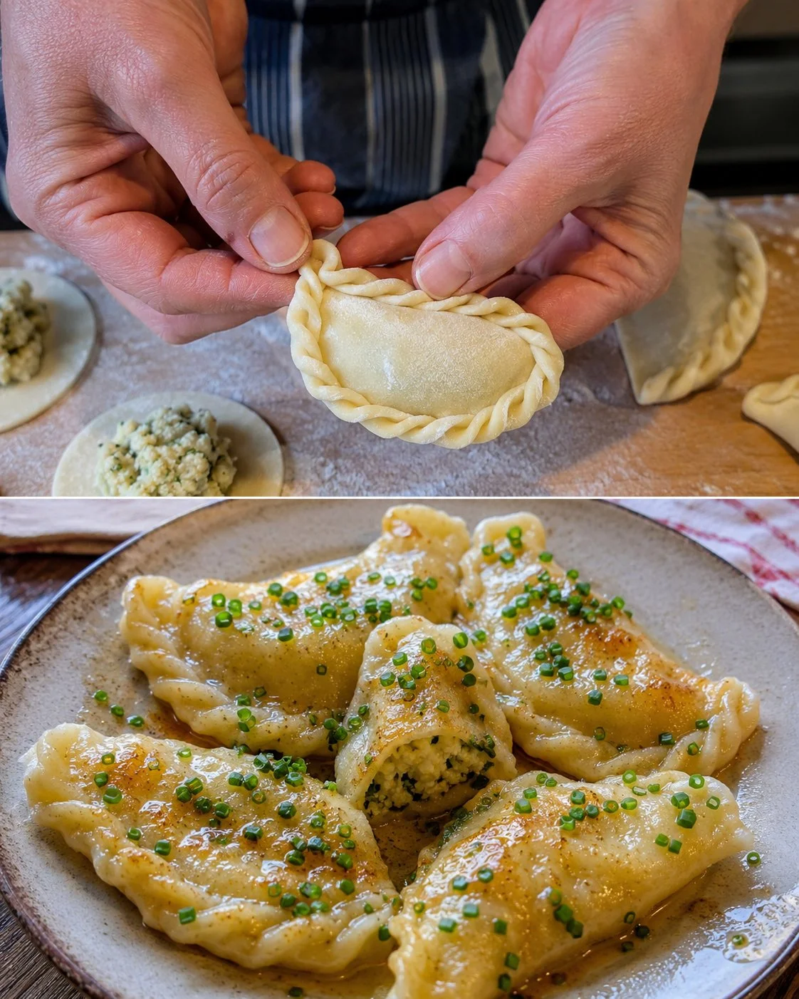 Kärntner Kasnudeln mit brauner Butter und Schnittlauch auf einem Teller serviert