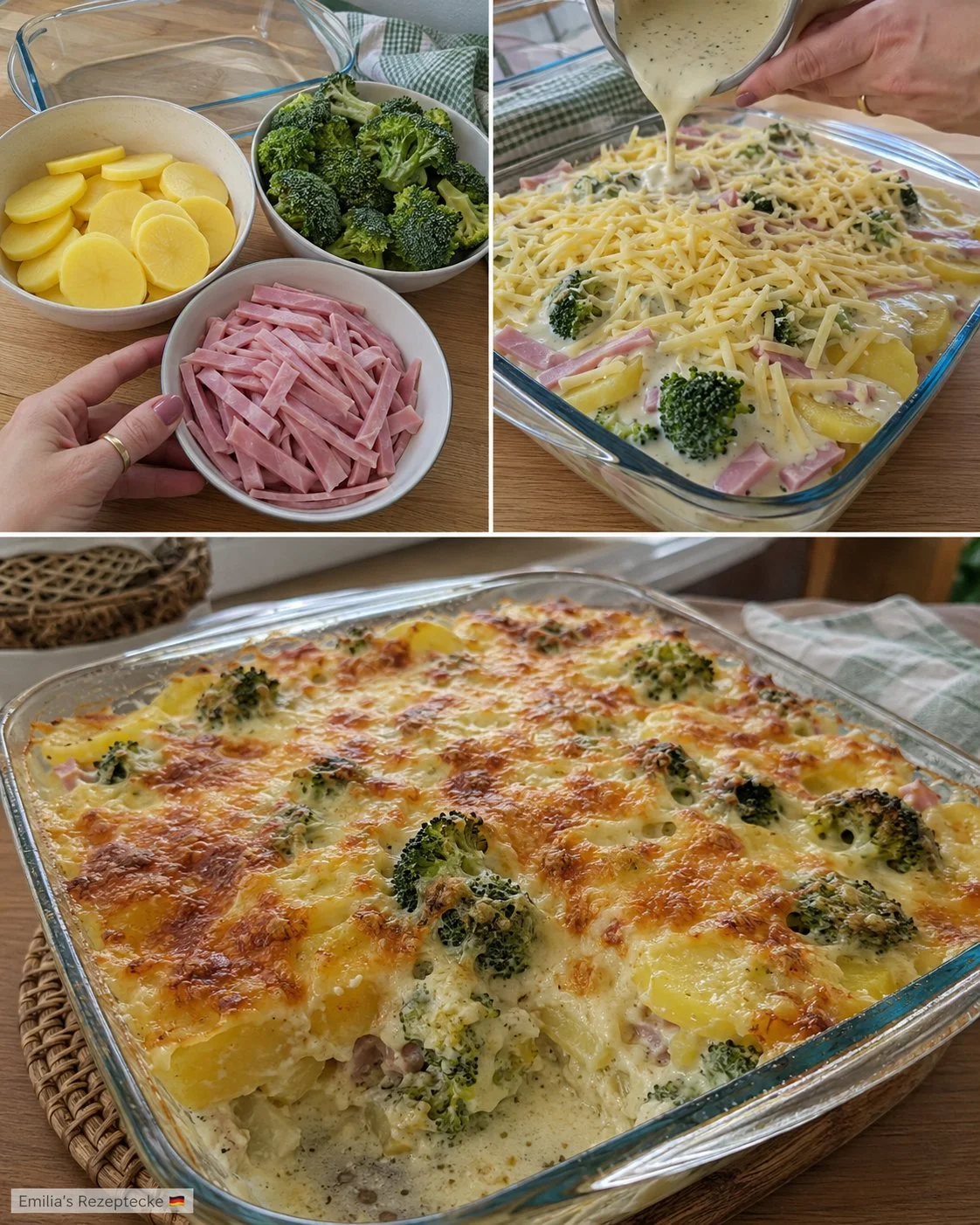 Leckeres Kartoffel-Brokkoli-Gratin mit Kochschinken auf einem Teller