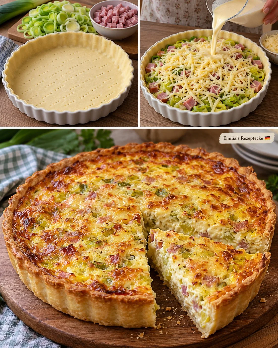 Käse-Lauch-Quiche mit Schinkenwürfeln, serviert auf einem Teller
