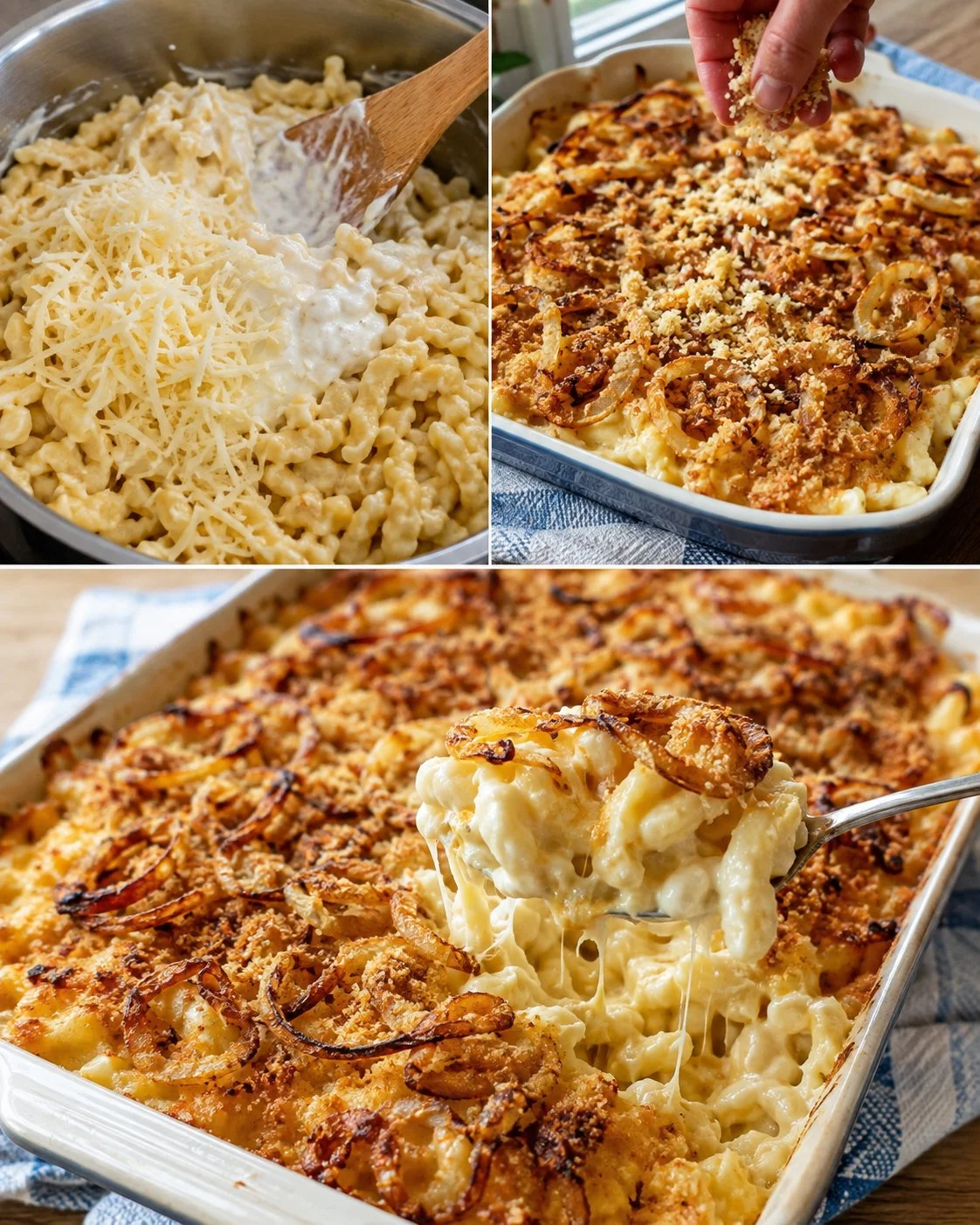 Käse-Spätzle-Auflauf mit Röstzwiebelkruste auf einem Teller serviert