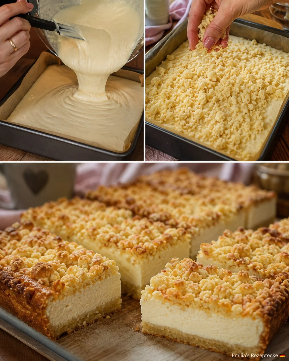 Käsekuchen-Schnitten mit Butterstreuseln auf einem Teller
