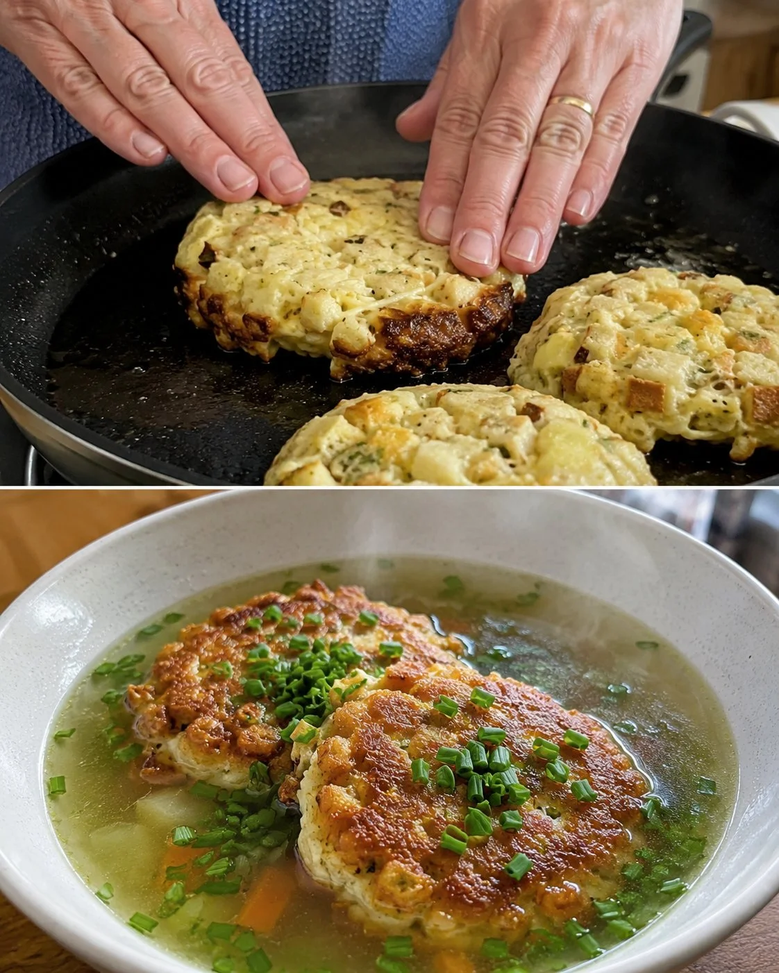 Kaspressknödel in kräftiger Gemüsebrühe serviert in einer Schüssel