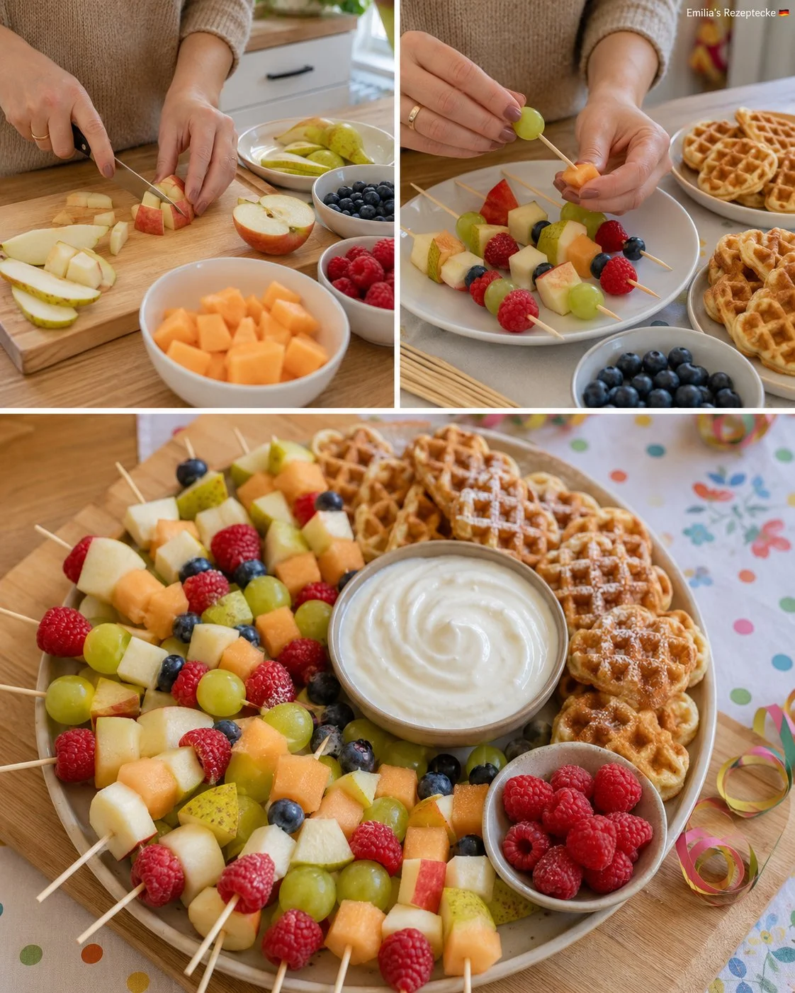 Kreatives Snackboard mit Obstspießen und Waffelstücken für Kindergeburtstag