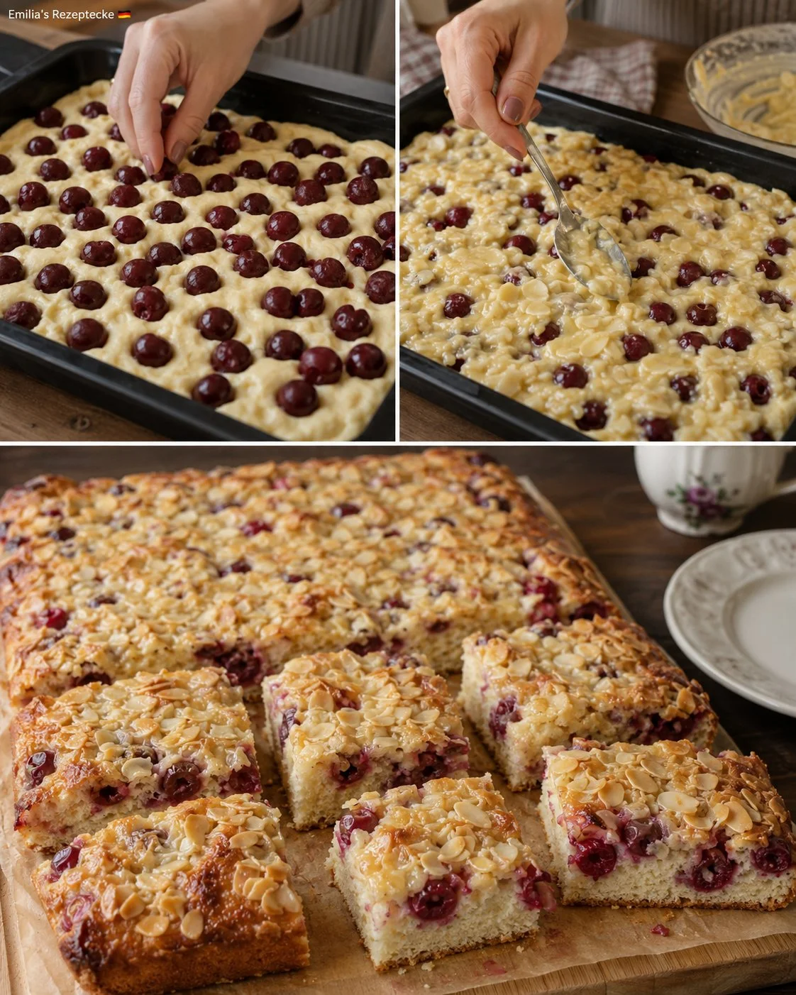 Kirsch-Butterkuchen mit knuspriger Mandelkruste auf einem Tisch serviert
