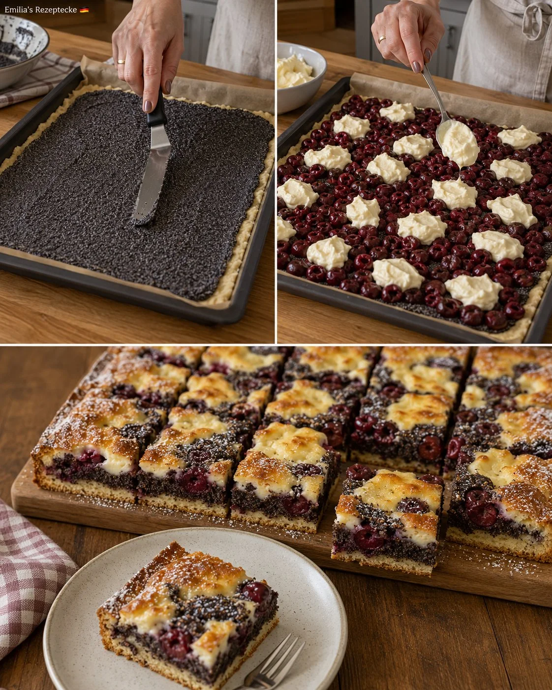 Kirsch-Mohn-Blechkuchen, ein fruchtiger und saftiger Kuchen auf einem Blech.