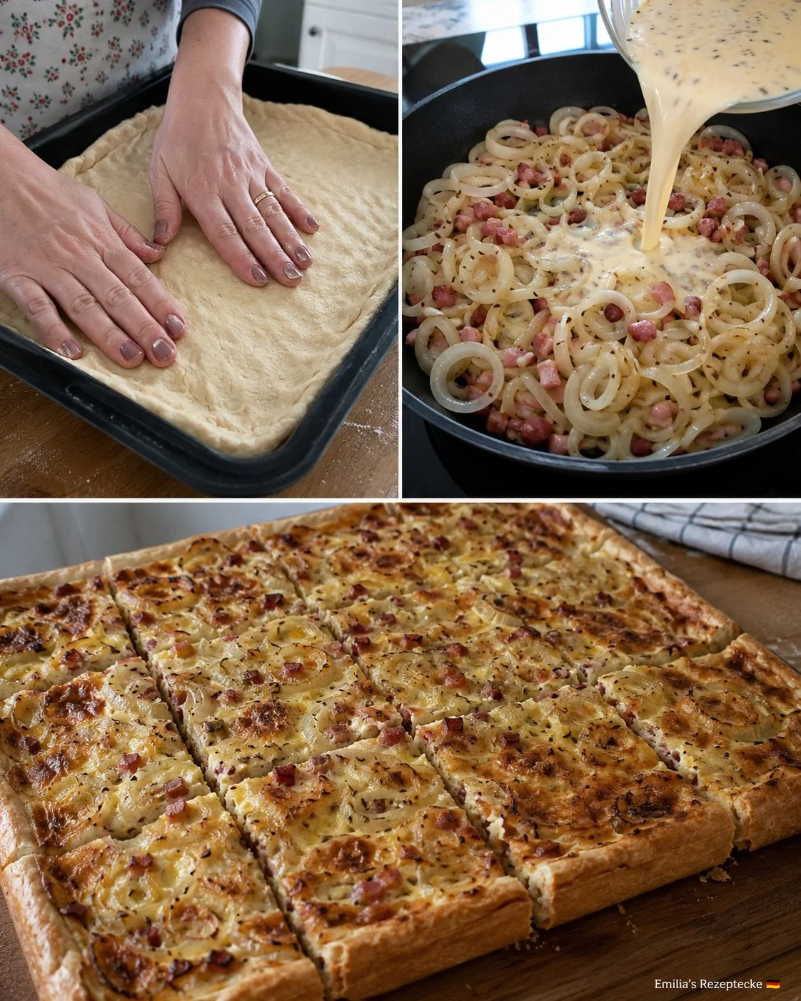 Klassischer Zwiebelkuchen mit Speck und Kümmel auf einem Tisch serviert.