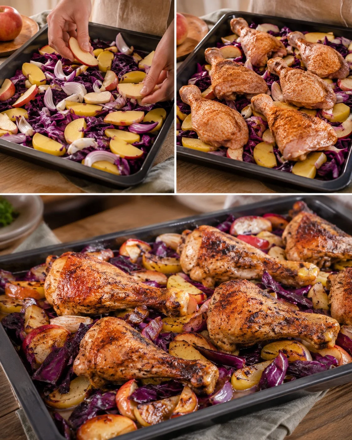 Knusprige Hähnchenkeulen auf einem Blech mit Rotkohl und Kartoffeln