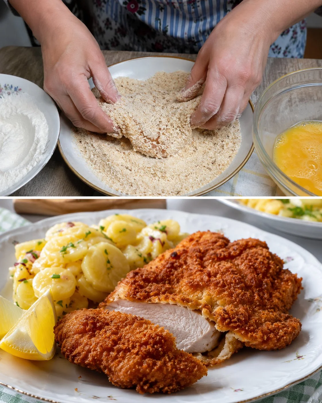 Knuspriges Backhendl serviert mit Wiener Erdäpfelsalat auf einem Teller.