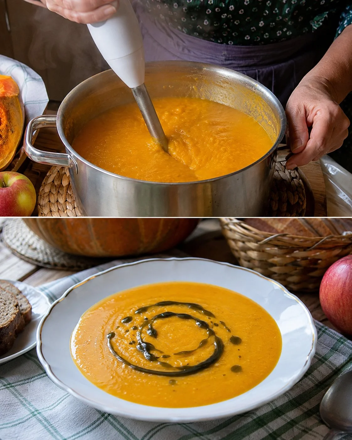 Schüssel mit Kürbis-Apfel-Suppe garniert mit Kernöl