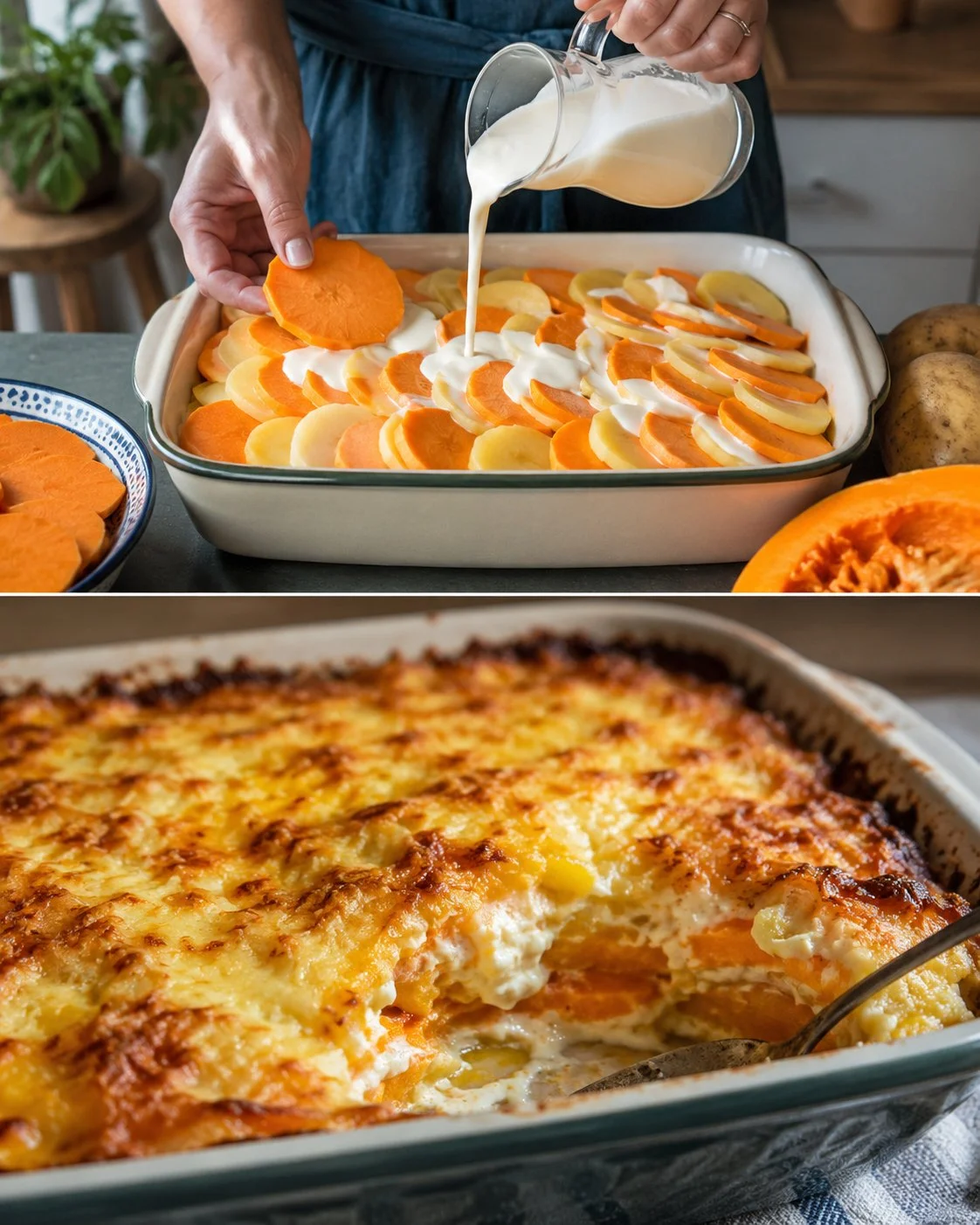 Leckeres Kürbis-Erdäpfel-Gratin aus frischen Zutaten, ideal für herbstliche Gerichte.