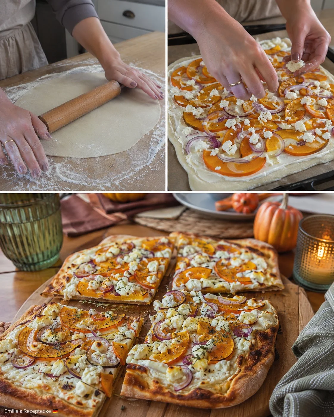 Kürbis-Flammkuchen mit Zwiebeln und Feta auf einem Holzbrett